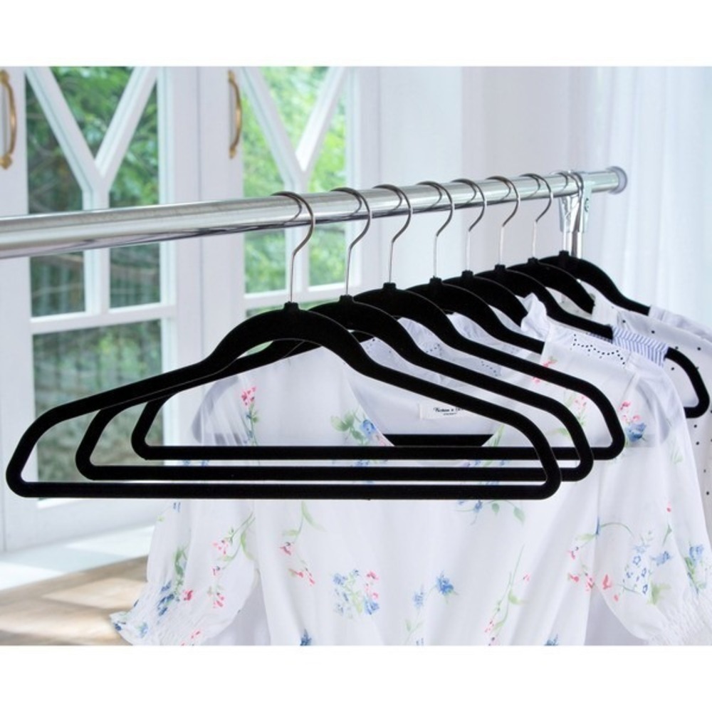 50 Pack Flocked Hangers Closet Space Saving Sturdy Non Slip Slim Design Black - Picture 11 of 13